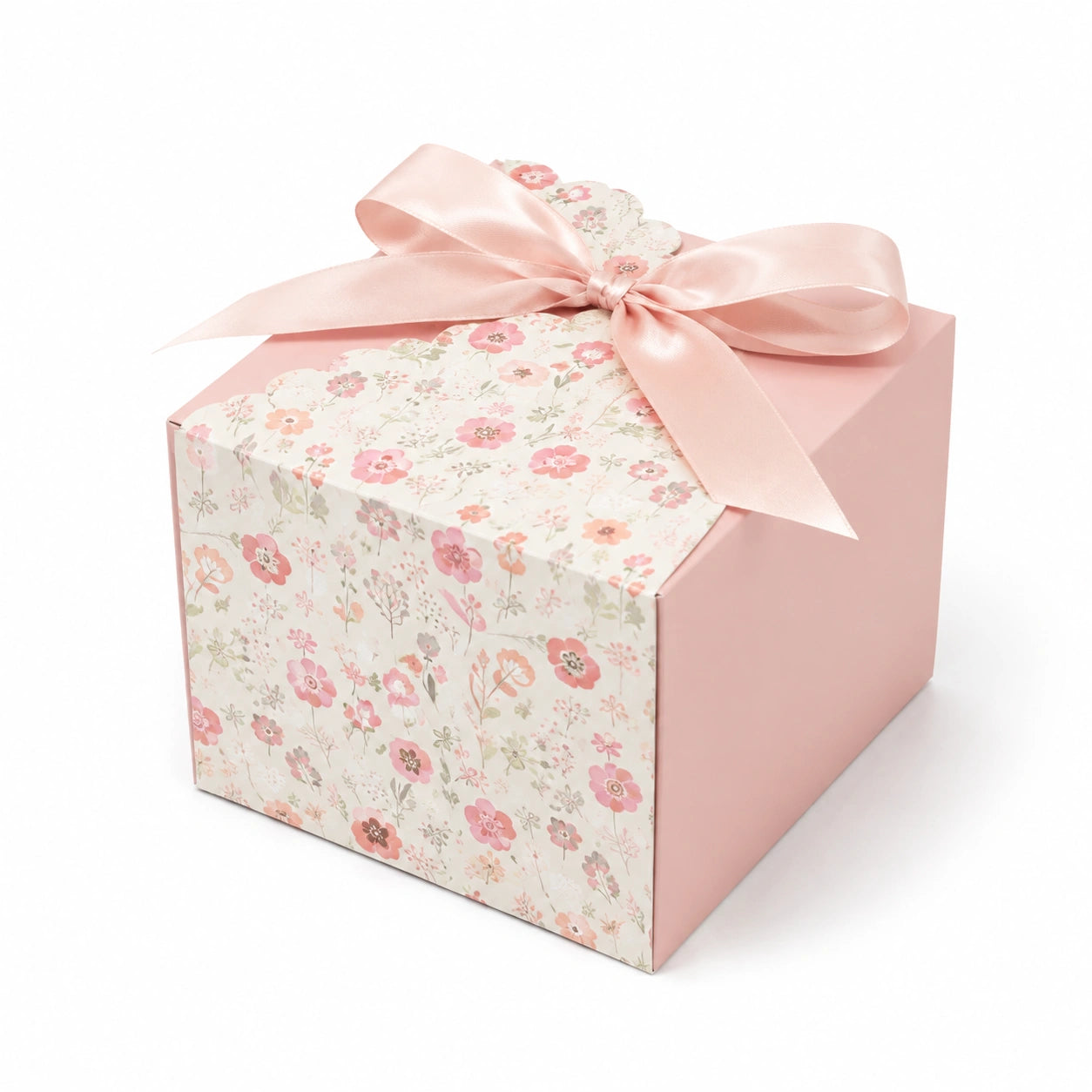 Boîte cadeau 20 x 20 x 20 cm en carton rose à motif floral avec ruban satin pour emballage décoratif