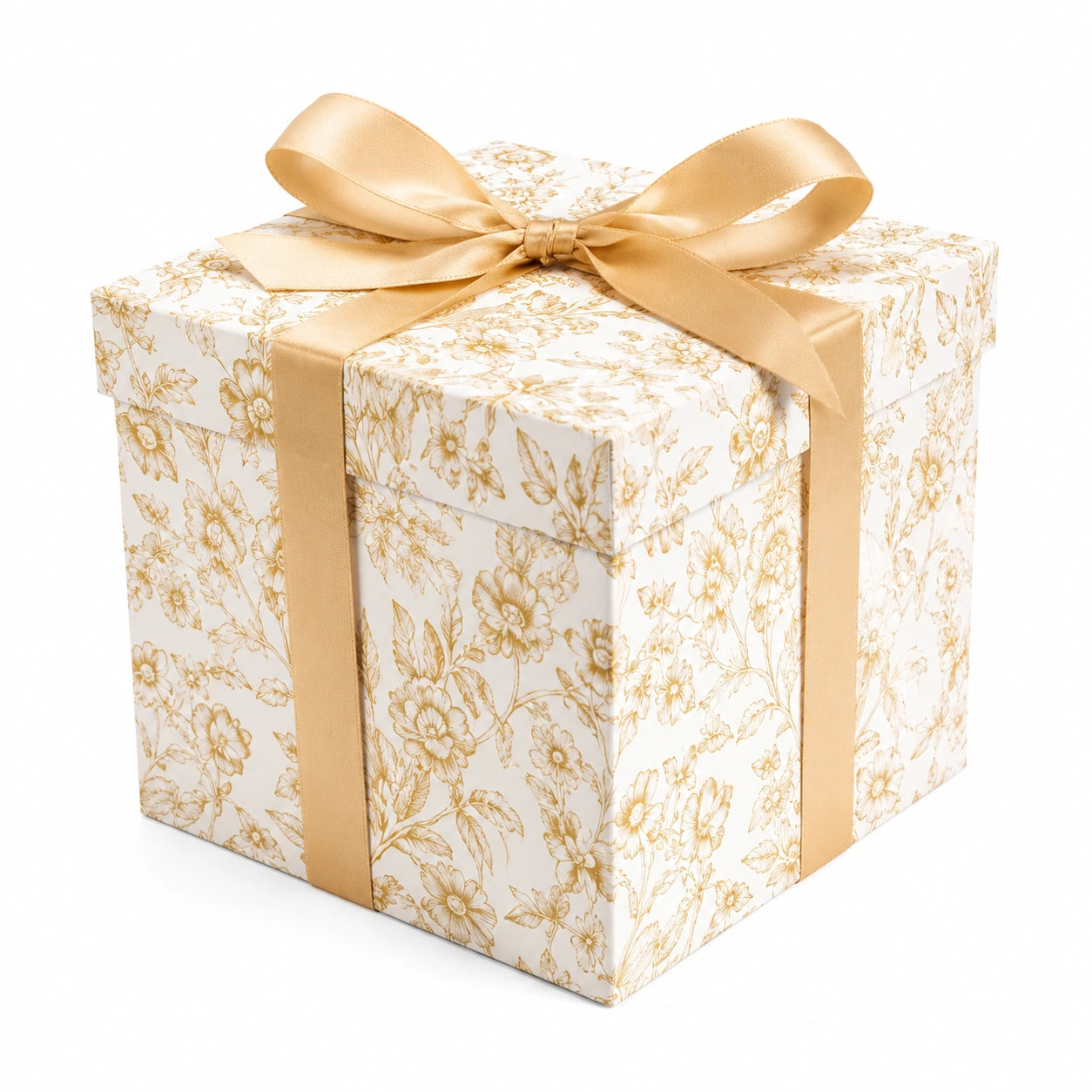 Boîte cadeau 25 x 25 x 20 cm en carton blanc doré à motif floral avec ruban satin