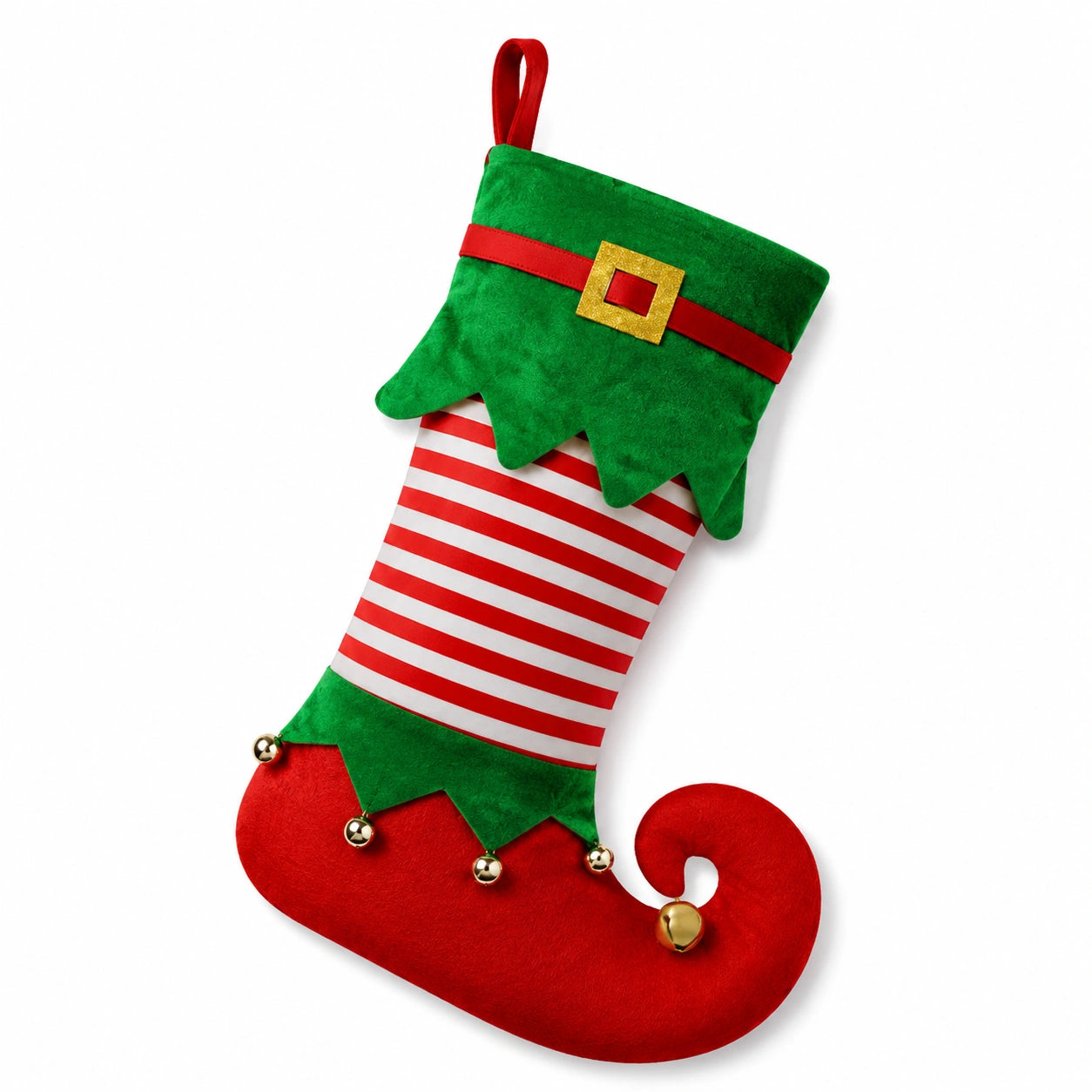 Chaussette de Noël 45 cm en tissu vert rouge et blanc style lutin à suspendre