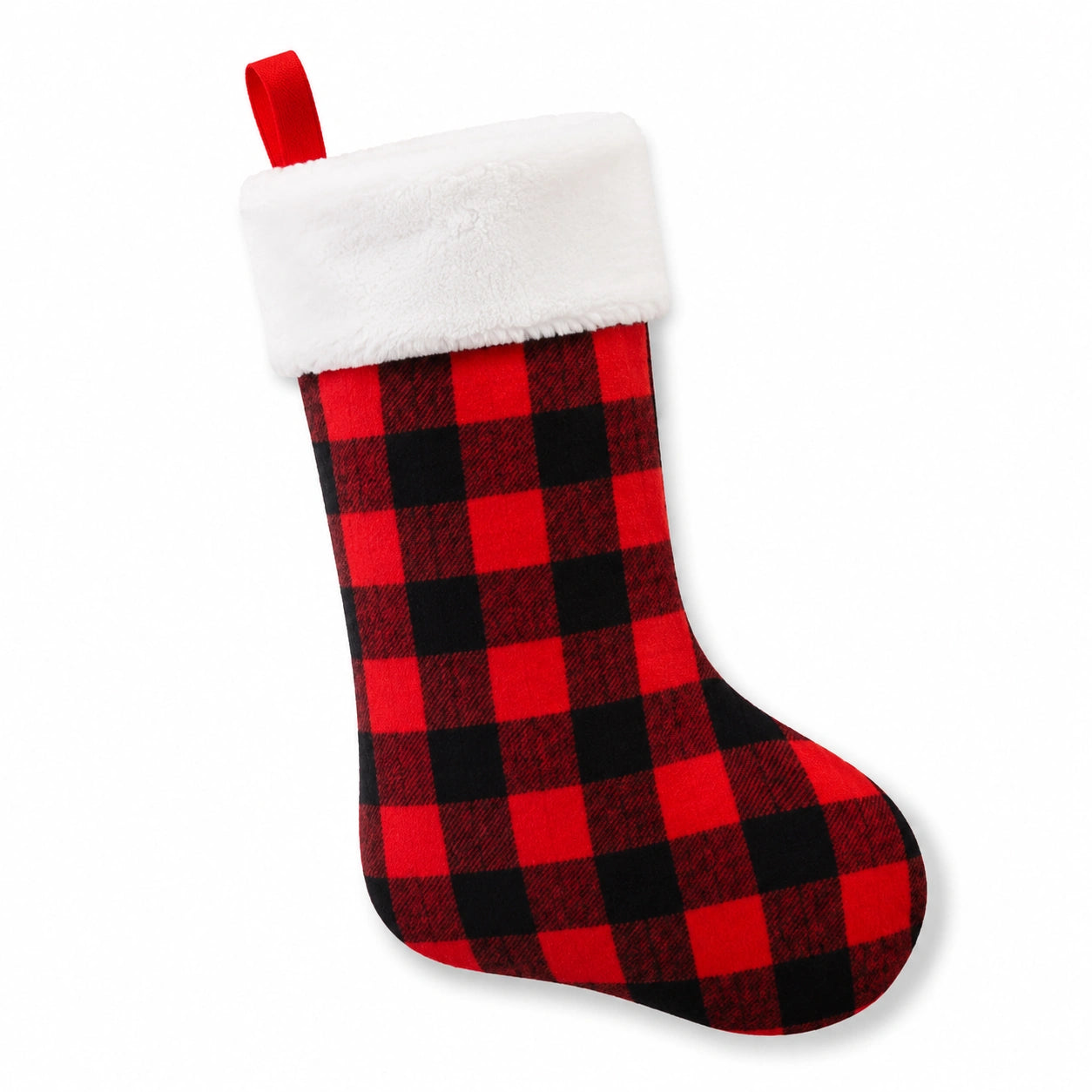 Chaussette de Noël 45 cm en textile rouge noir blanc à carreaux avec bordure douce à suspendre