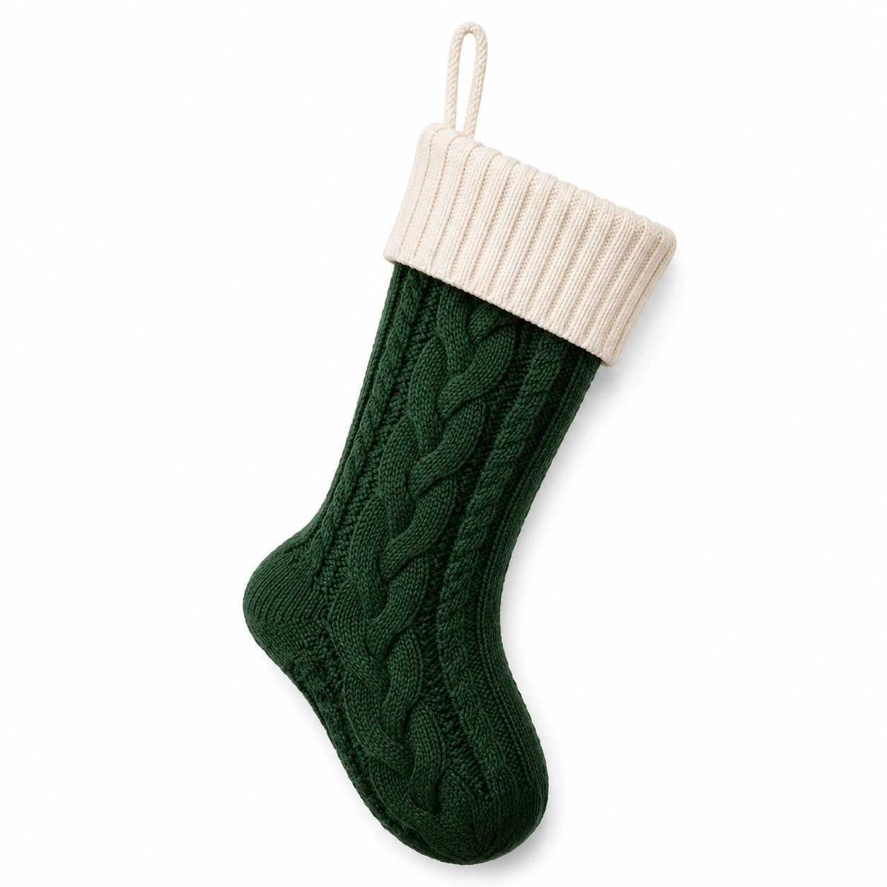 Chaussette décorative taille unique textile tricoté vert foncé crème à suspendre style torsadé