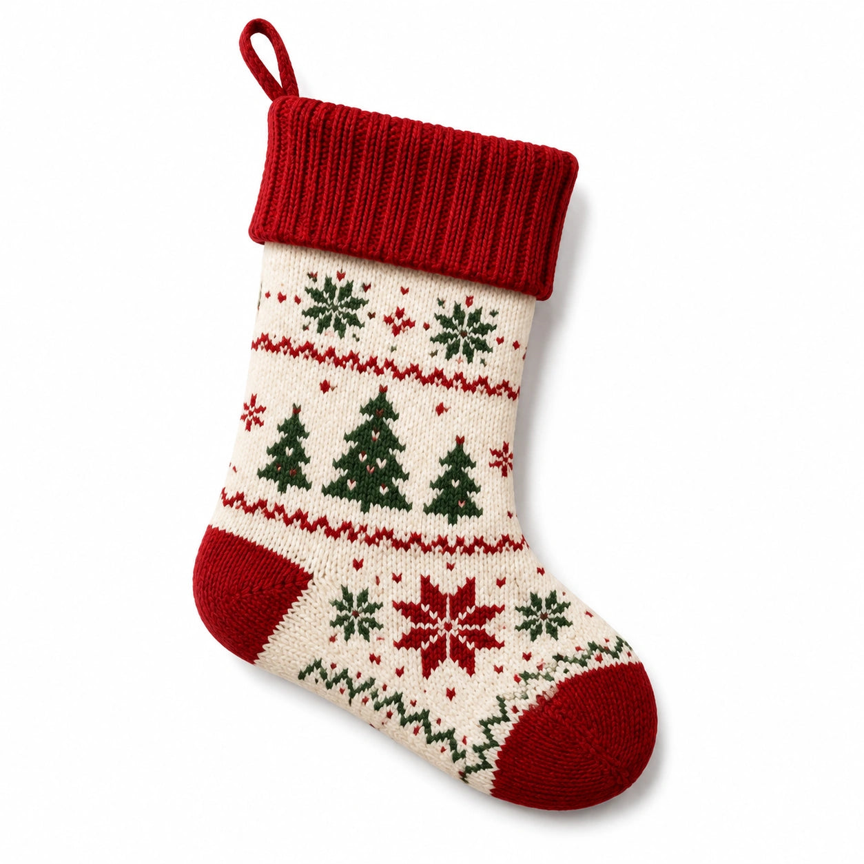 Chaussette de Noël décorative 45 x 28 cm en textile tricoté rouge écru vert à suspendre