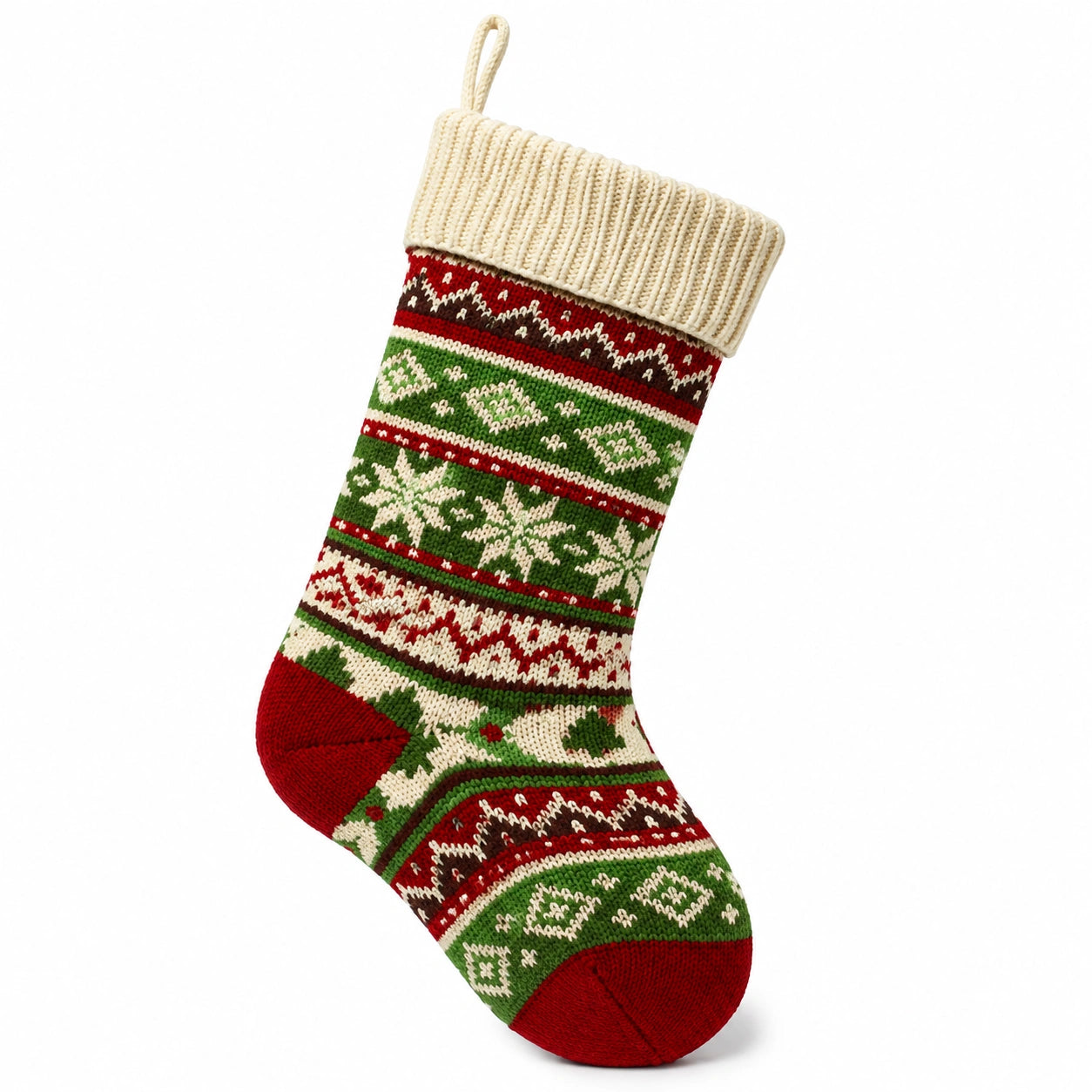 Chaussette de Noël 45 cm en maille rouge verte et crème à suspendre motif jacquard