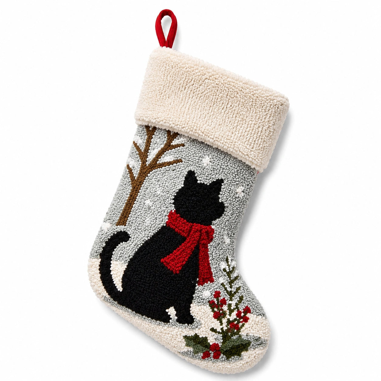 Chaussette de Noël 45 cm en textile bouclé gris rouge et noir à suspendre motif chat hivernal