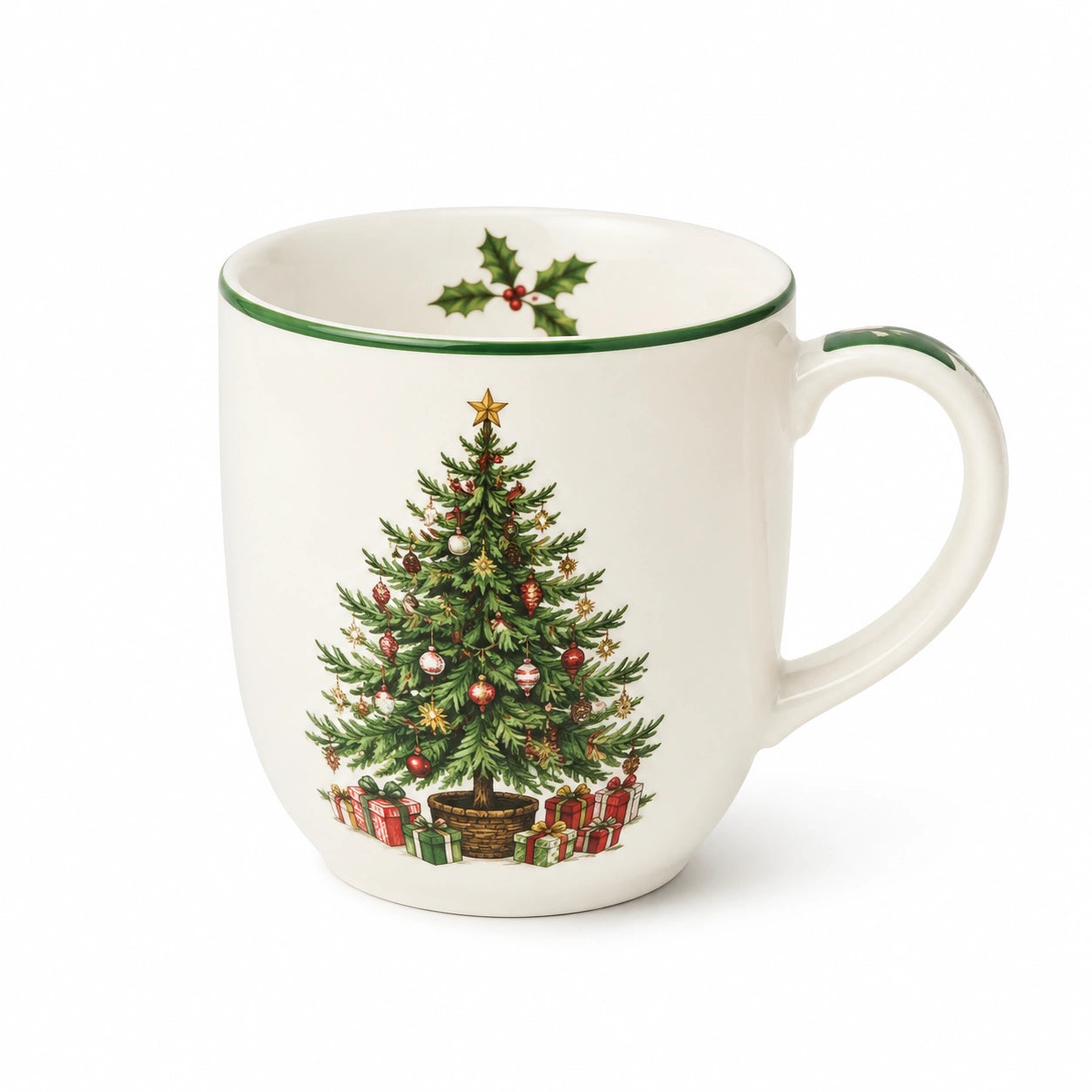 Tasse 0.40 L diamètre 10 cm hauteur 11 cm en céramique blanche motif sapin avec poignée style festif
