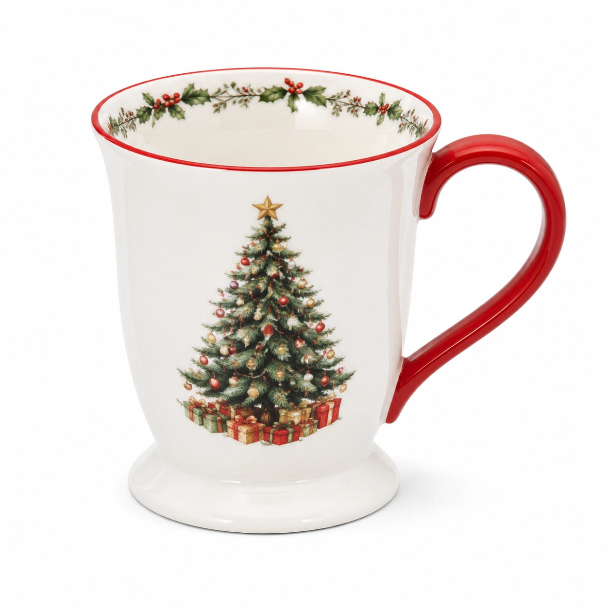 Mug 0.45 L en céramique blanc rouge à motif sapin décoré avec anse