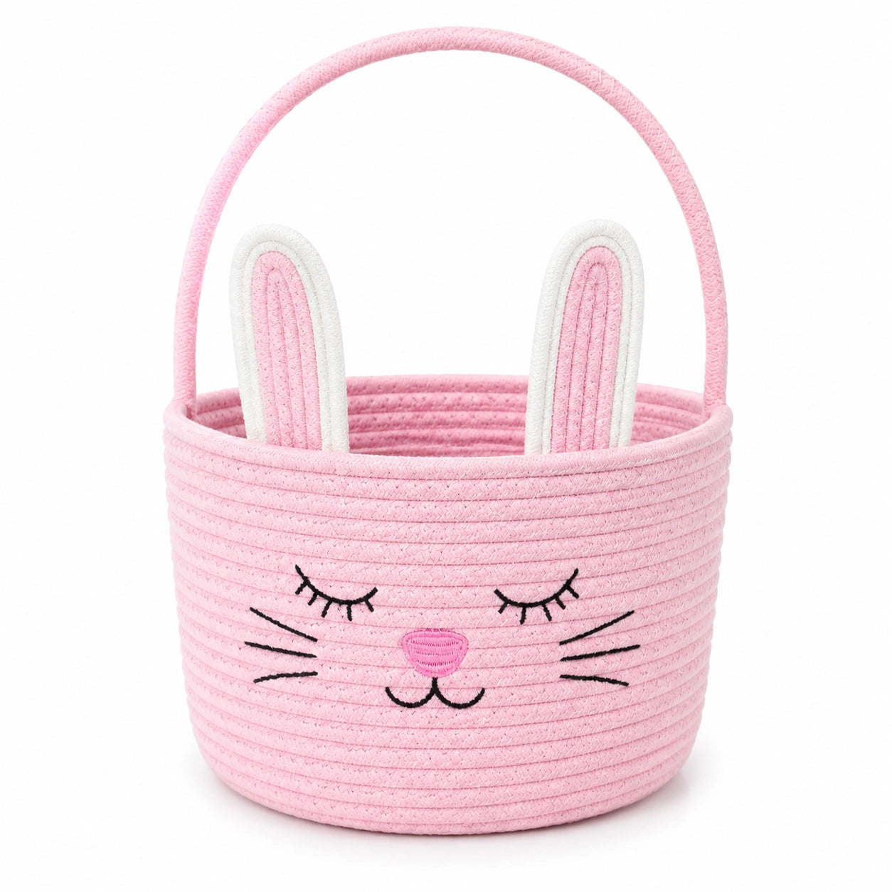 Panier de rangement rond 30 x 25 cm en corde de coton rose style lapin avec poignée