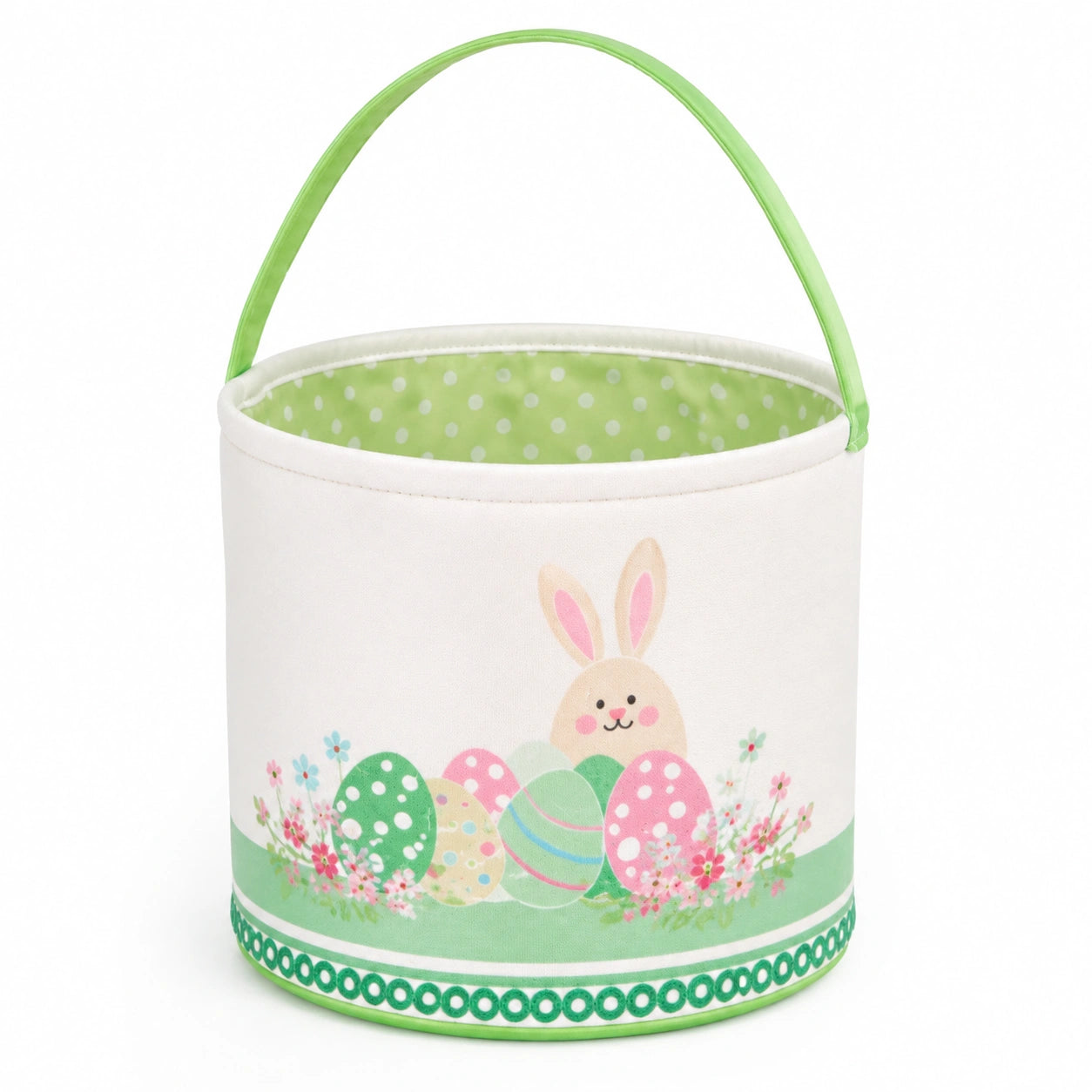 Panier de rangement rond 20 cm en textile blanc et vert avec anse motif lapin