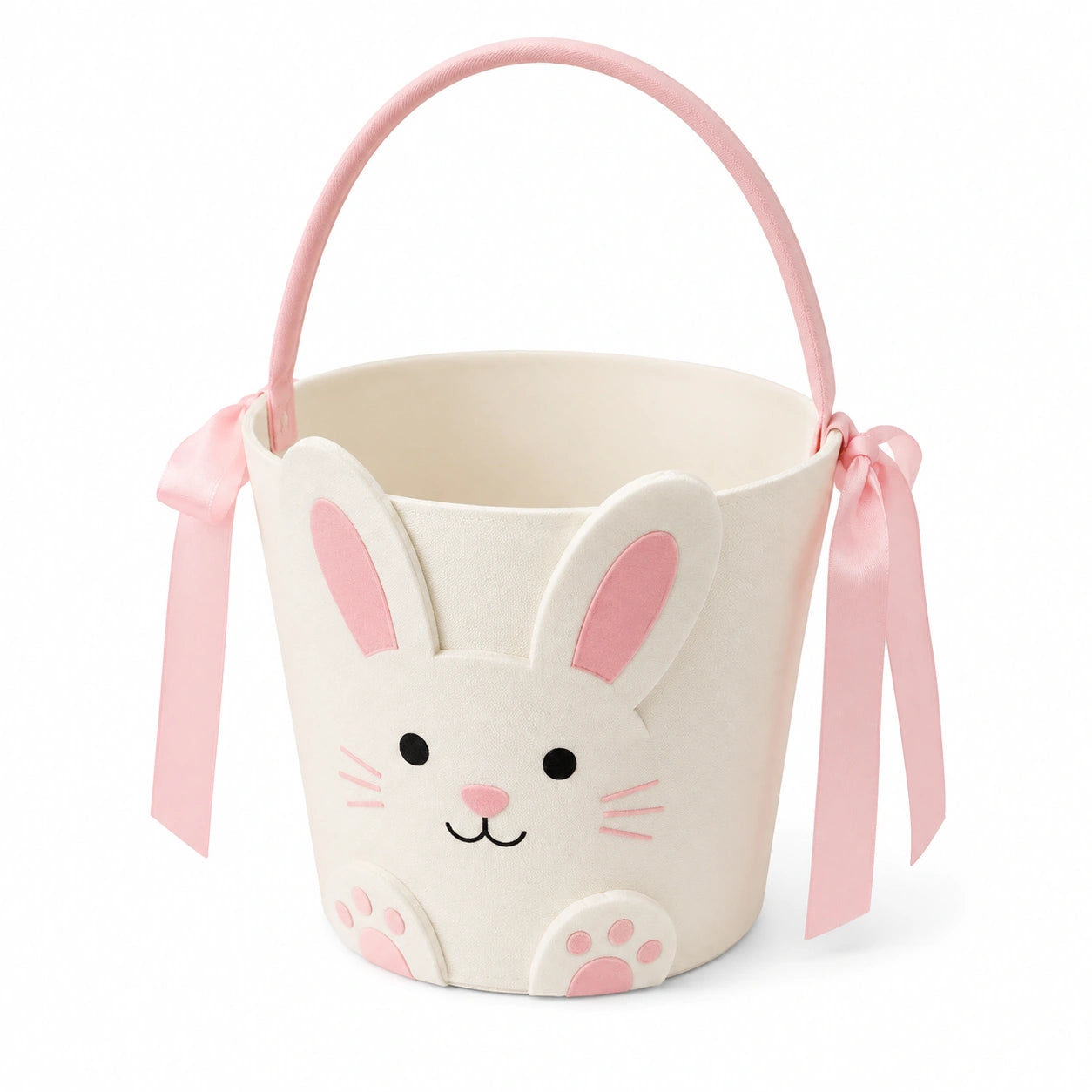Panier de rangement rond diamètre 25 cm textile blanc rose motif lapin avec anse décorative