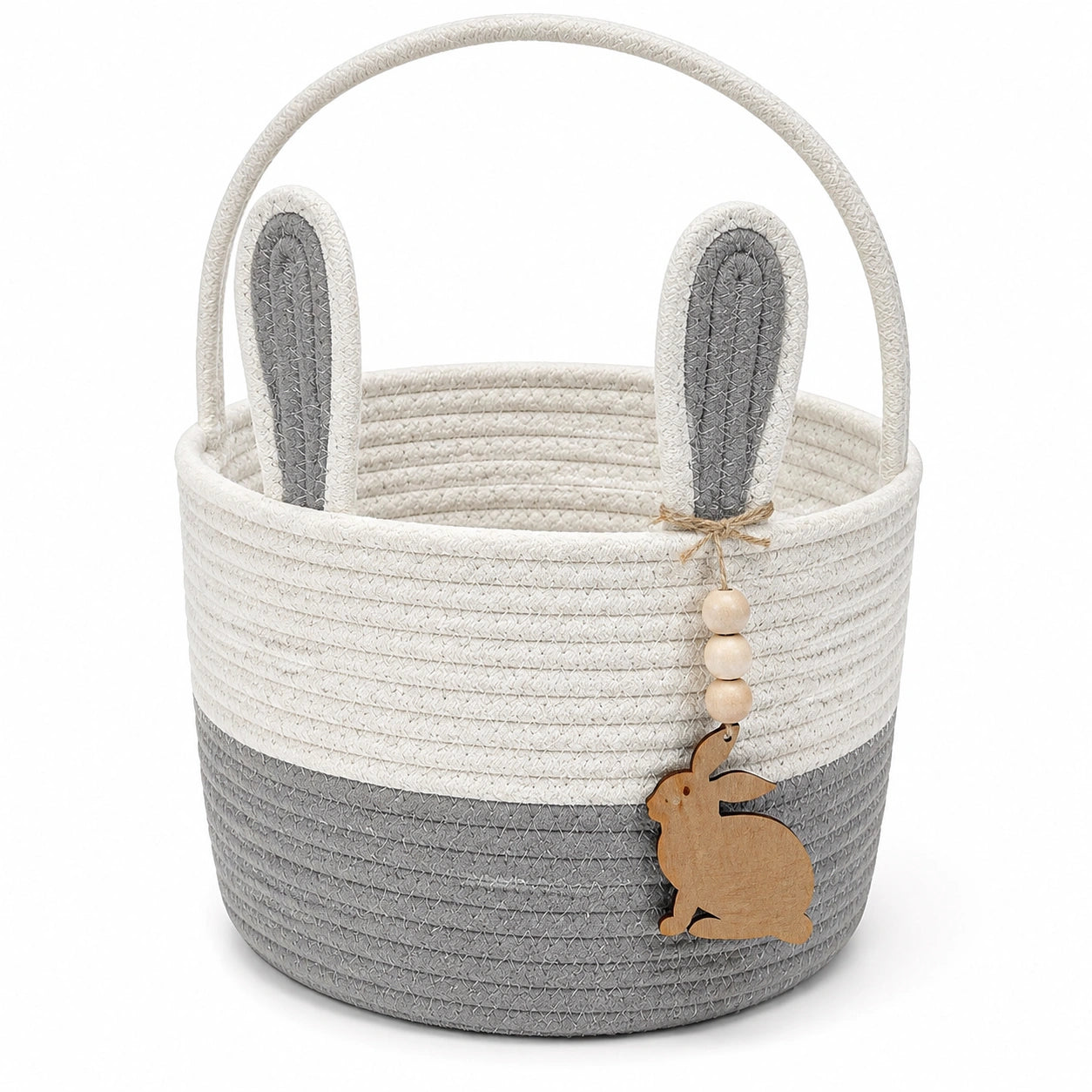 Panier de rangement rond 30 cm en corde textile gris et blanc avec anses style lapin