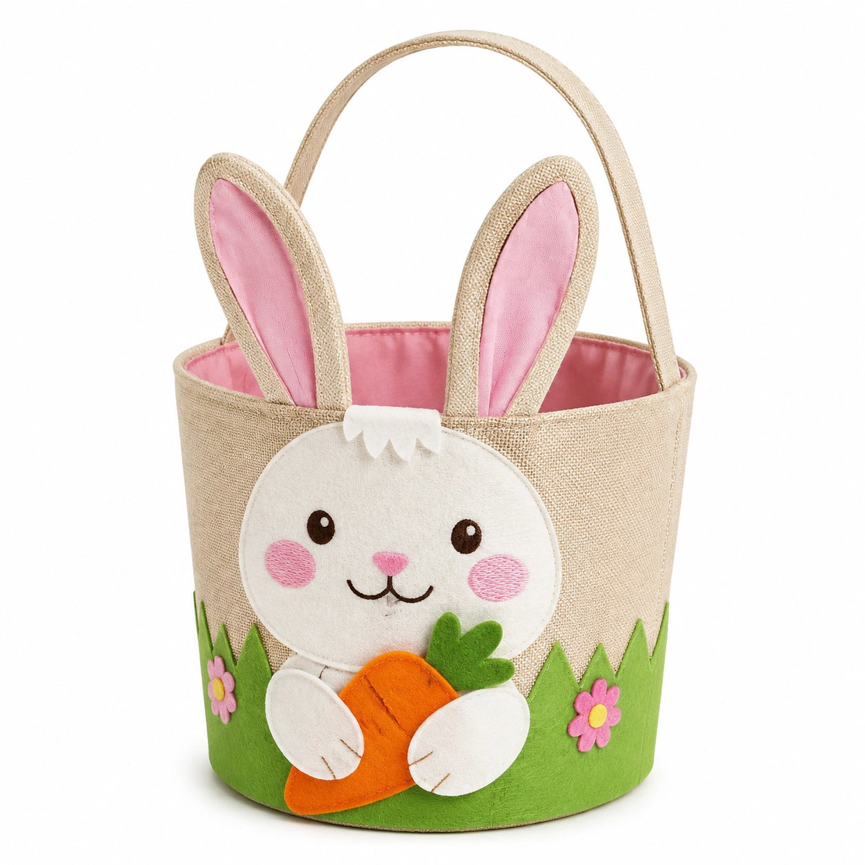 Panier de rangement rond 25 cm en textile beige rose avec lapin style enfantin