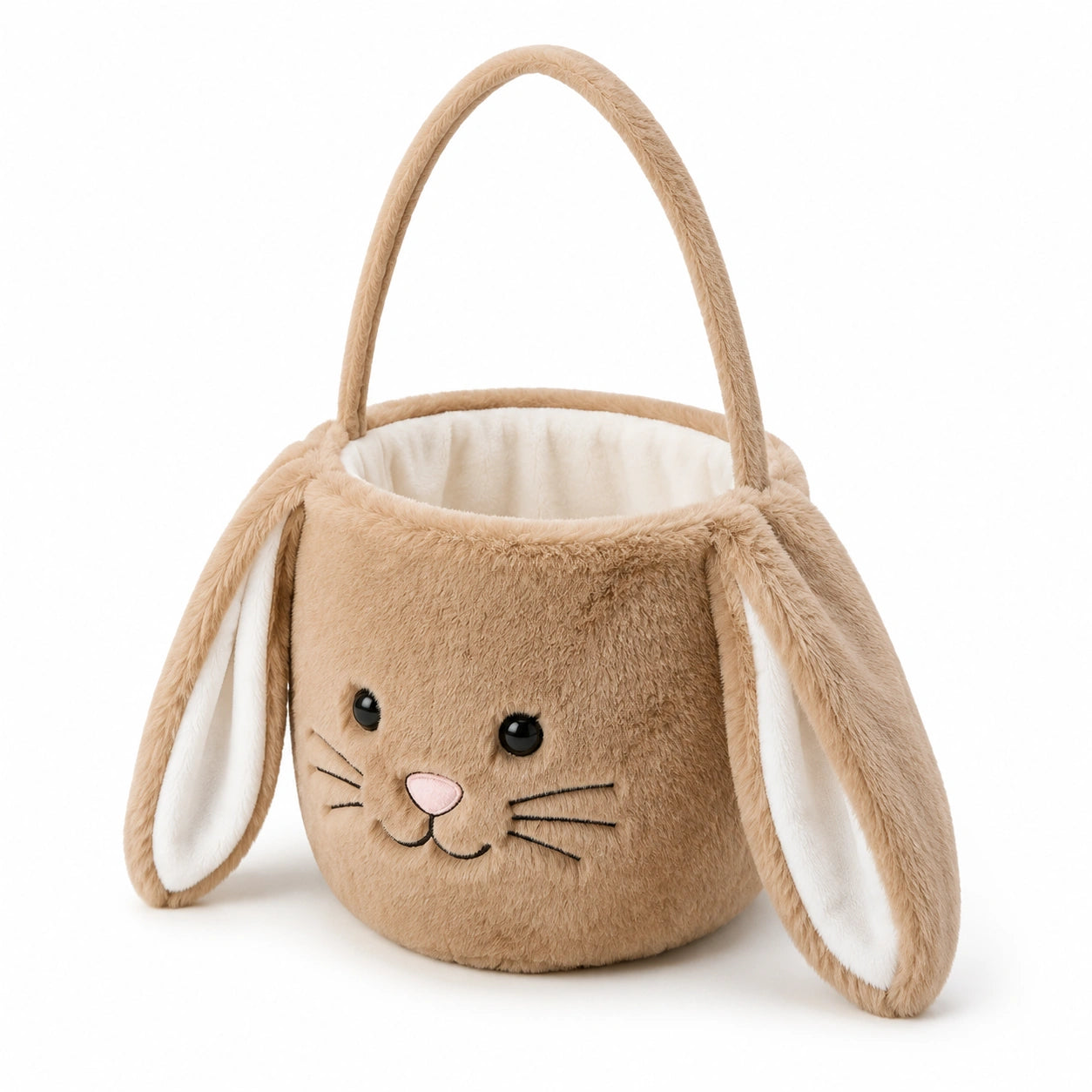 Panier de rangement rond 20 cm en peluche beige avec poignée motif lapin