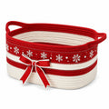 Panier de rangement ovale 35 x 25 x 18 cm en corde de coton rouge et blanc à poignées style hivernal