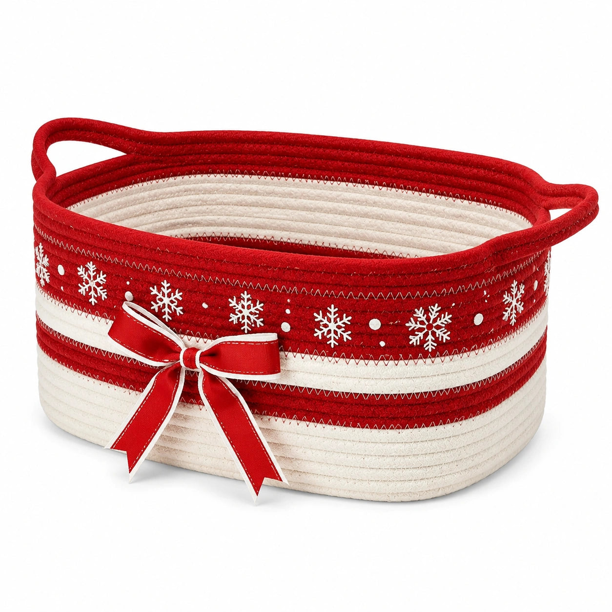 Panier de rangement ovale 35 x 25 x 18 cm en corde de coton rouge et blanc à poignées style hivernal