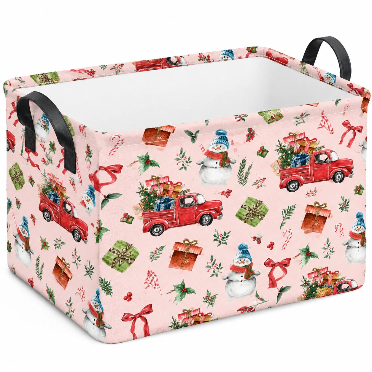 Panier de rangement 38 x 28 x 28 cm en tissu rose à poignées motif de Noël pliable