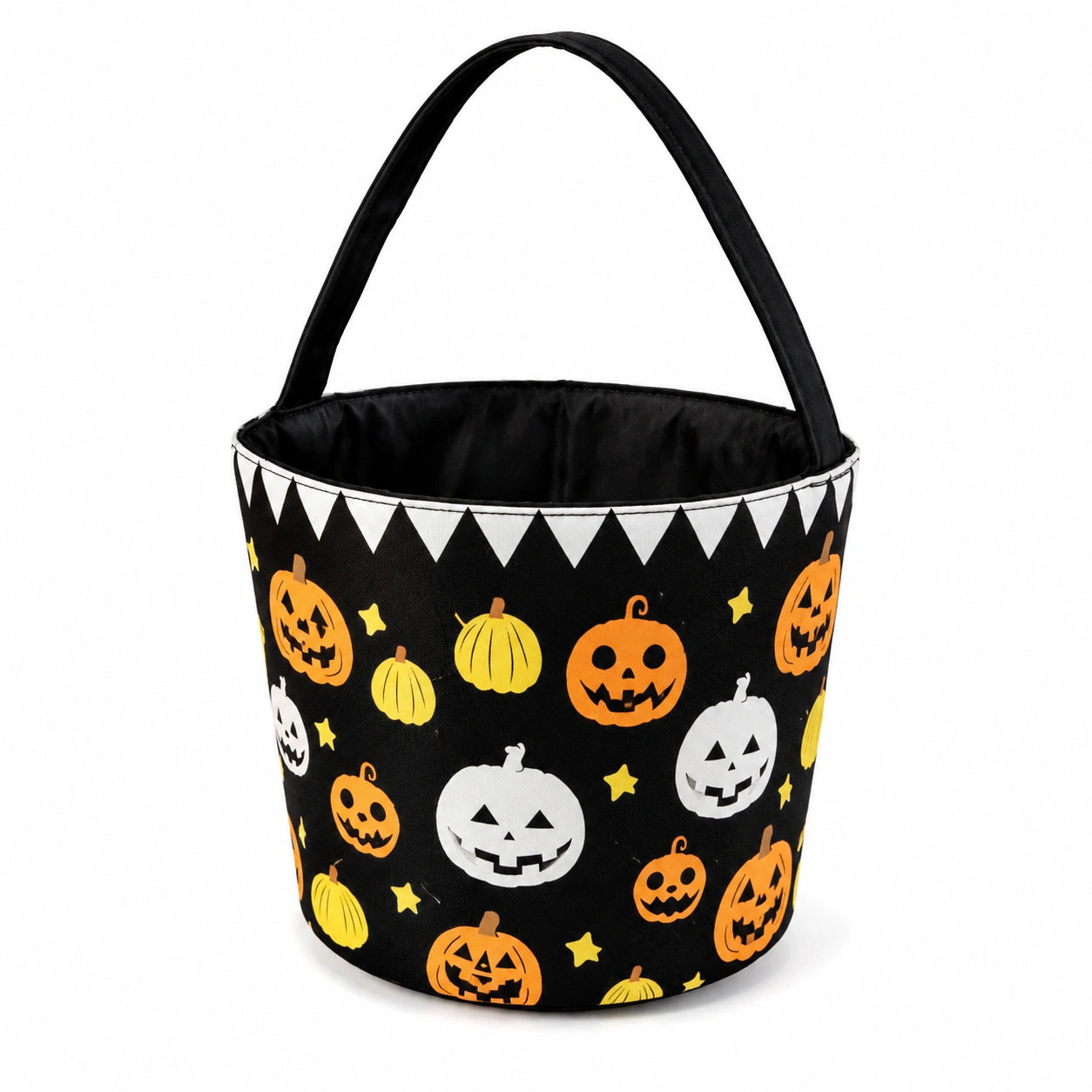 Panier de collecte Halloween 22 cm en textile noir à citrouilles avec anse pliable