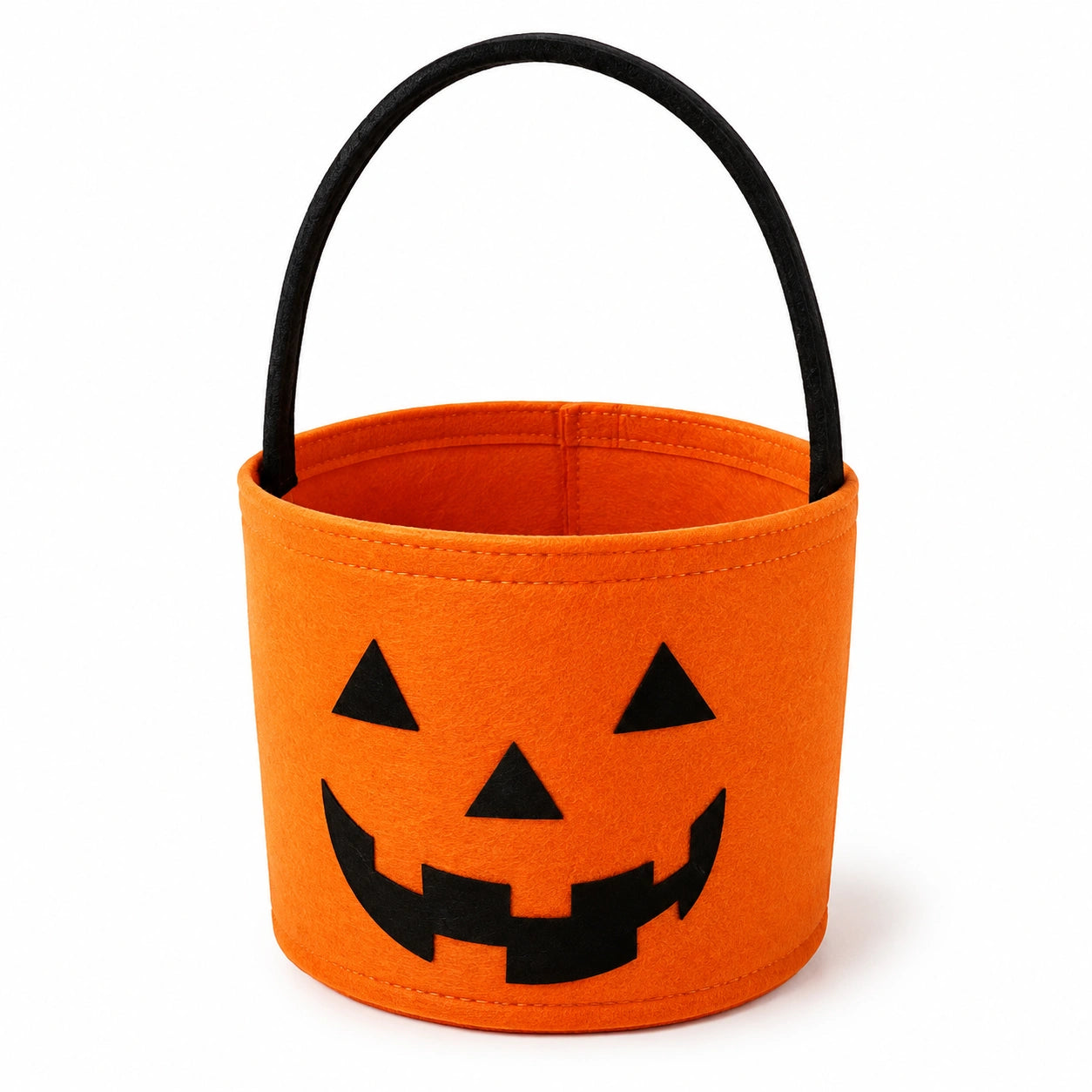 Panier de collecte diamètre 20 cm hauteur 18 cm en feutre orange noir motif citrouille avec anse