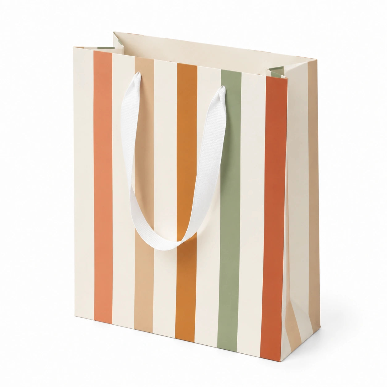 Sac cadeau 26 x 12 x 32 cm en papier cartonné crème orange vert à rayures avec anses ruban