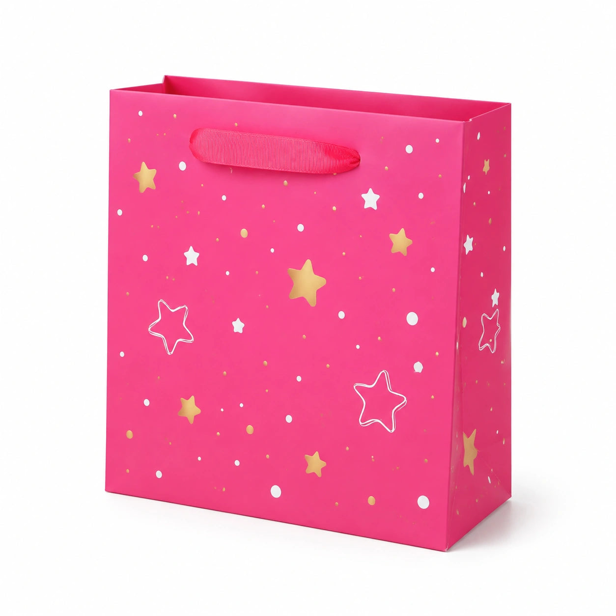 Sac cadeau 30 x 12 x 40 cm en papier cartonné rose à étoiles avec poignées ruban